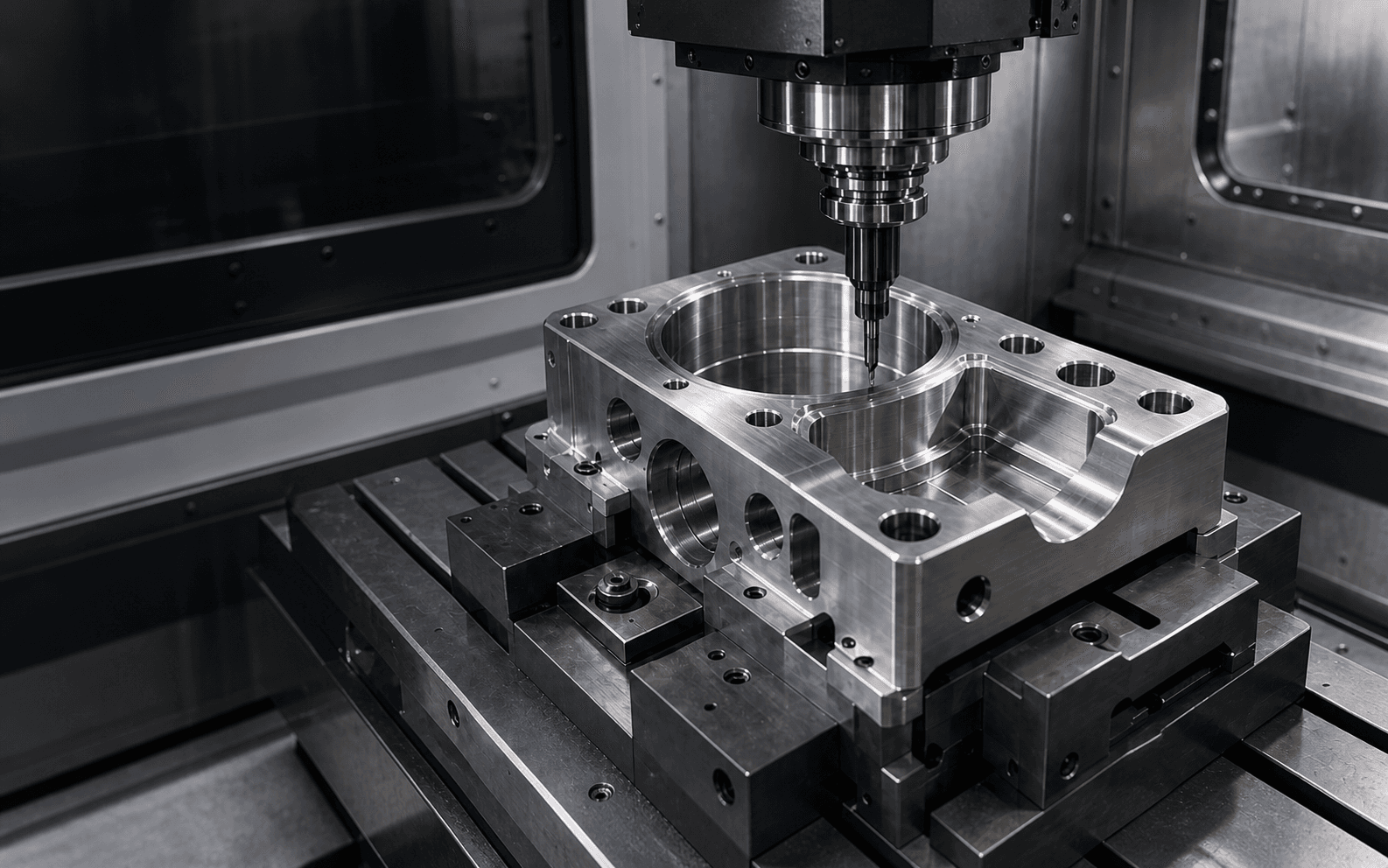 Machined metal housing inside a CNC machining center
