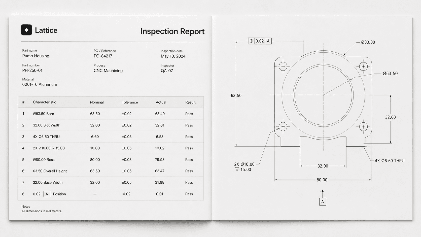 Illustrative dimensional inspection report beside an engineering drawing